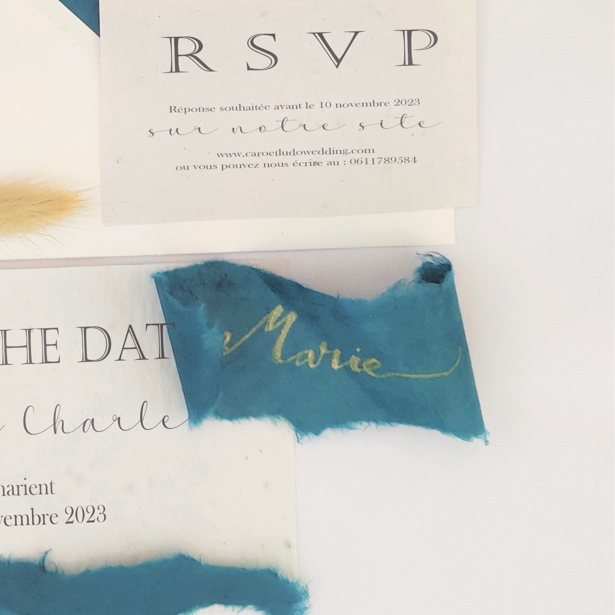 Marque place de mariage haut de gamme papier coton élégant bleu canard artisanal fait main